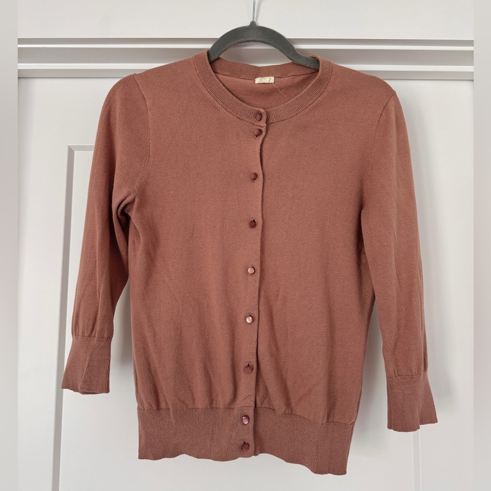 J. Crew Dusty Rose Mauve Button-Front Clare Cotton Crewneck Cardigan - sz small
